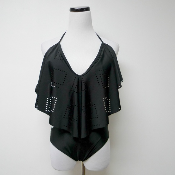 ruffle trim ruched V-neck black monokini . M - Picture 2 of 5